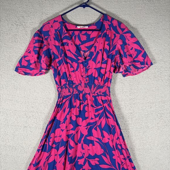 Abel the Label Sz XS Cassidy Hi-Lo Midi Dress Blue Pink Floral Flutter Sleeve - Picture 2 of 12